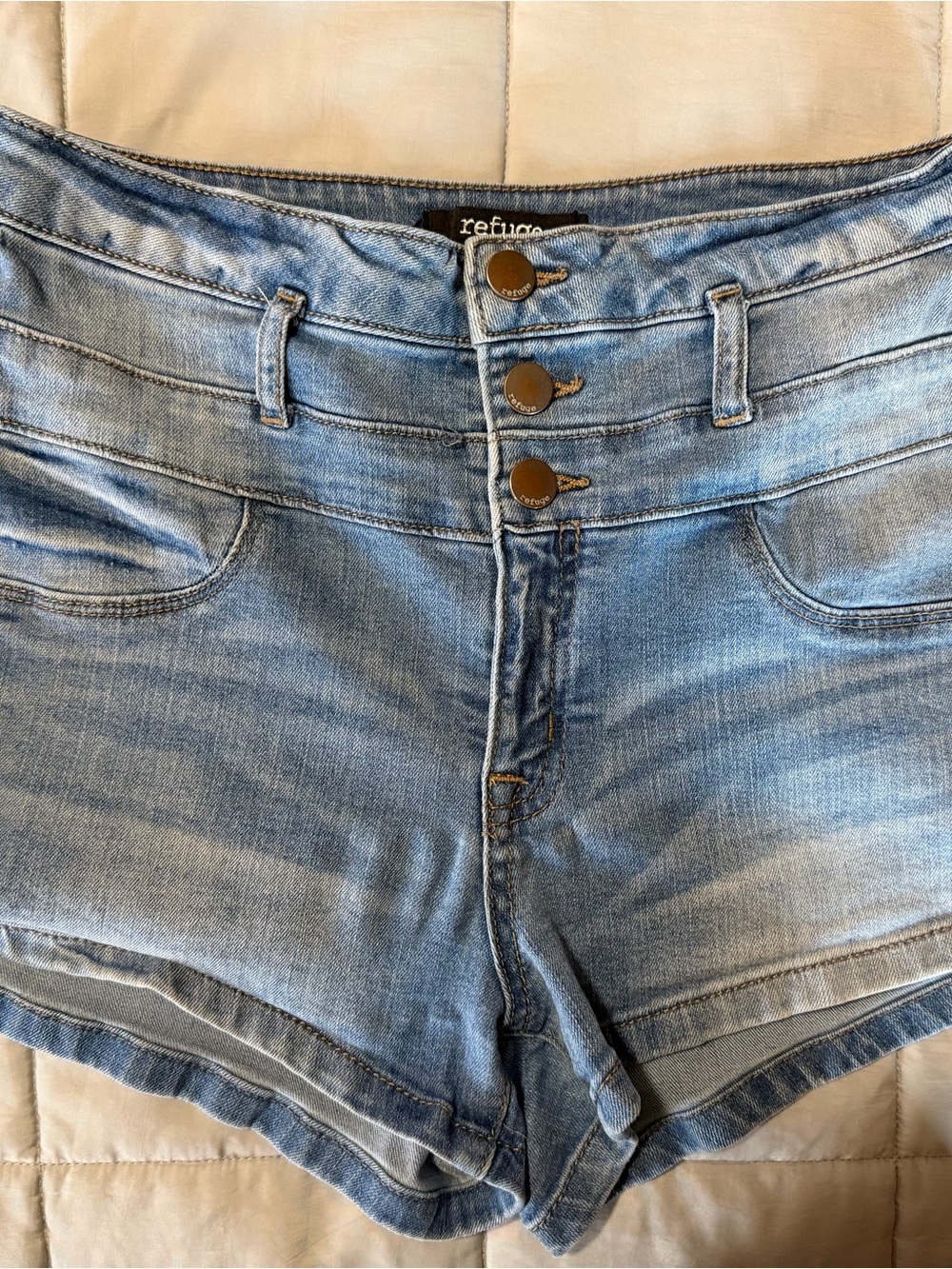 refuge Light Blue Denim Shorts with Triple Button Waist